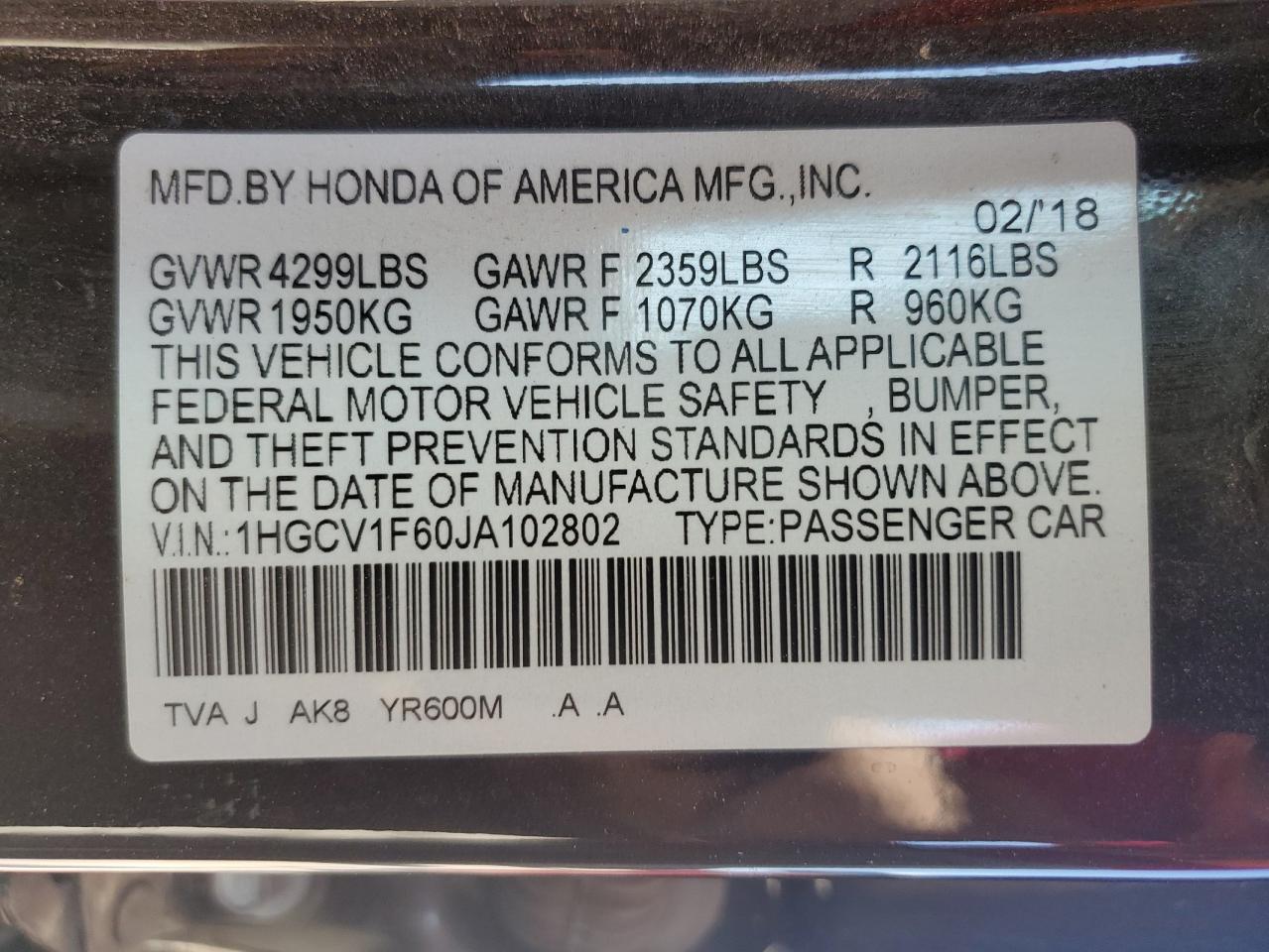 1HGCV1F60JA102802 2018 HONDA ACCORD - Image 12