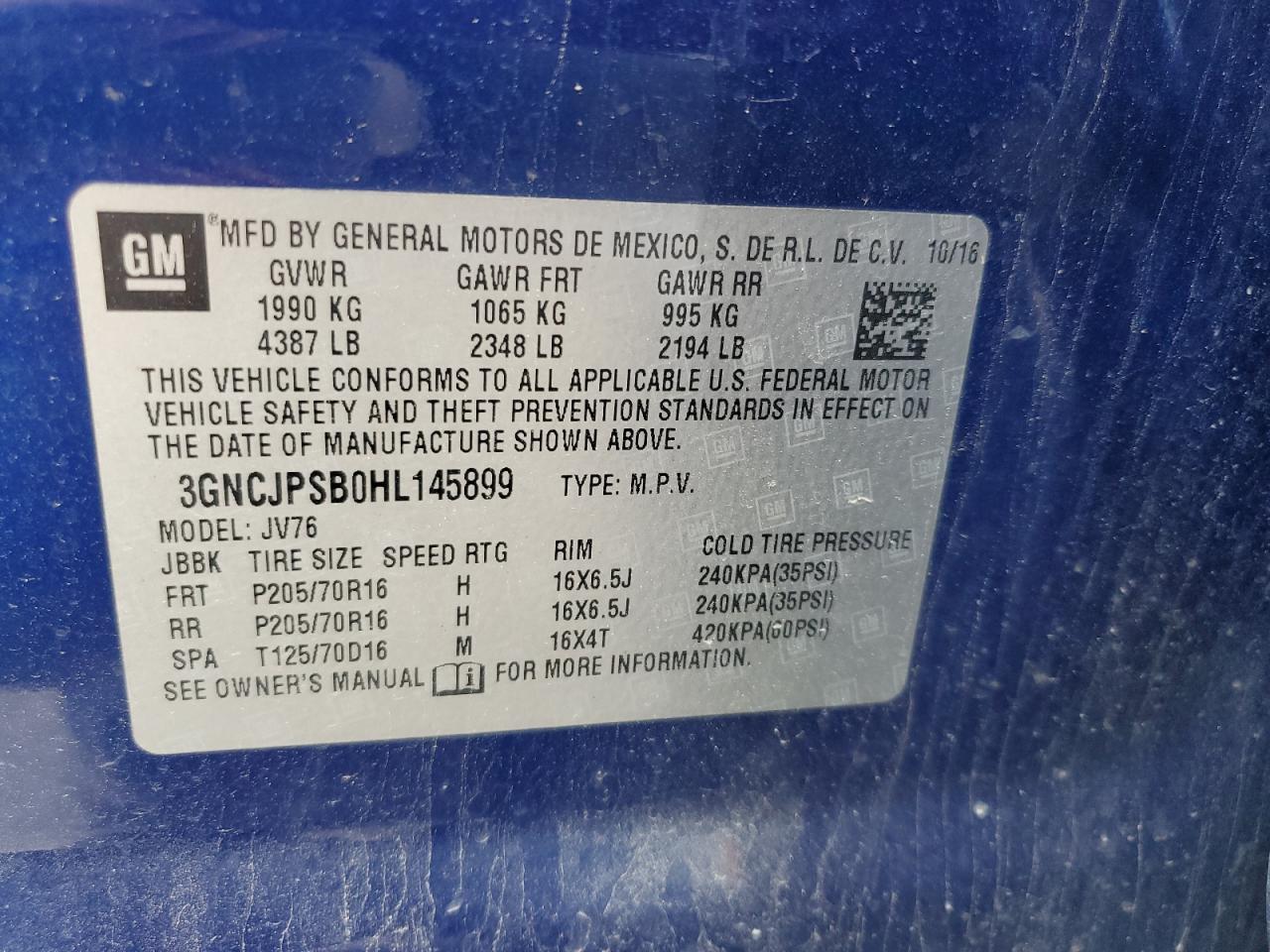 2017 Chevrolet Trax 1Lt VIN: 3GNCJPSB0HL145899 Lot: 65071404