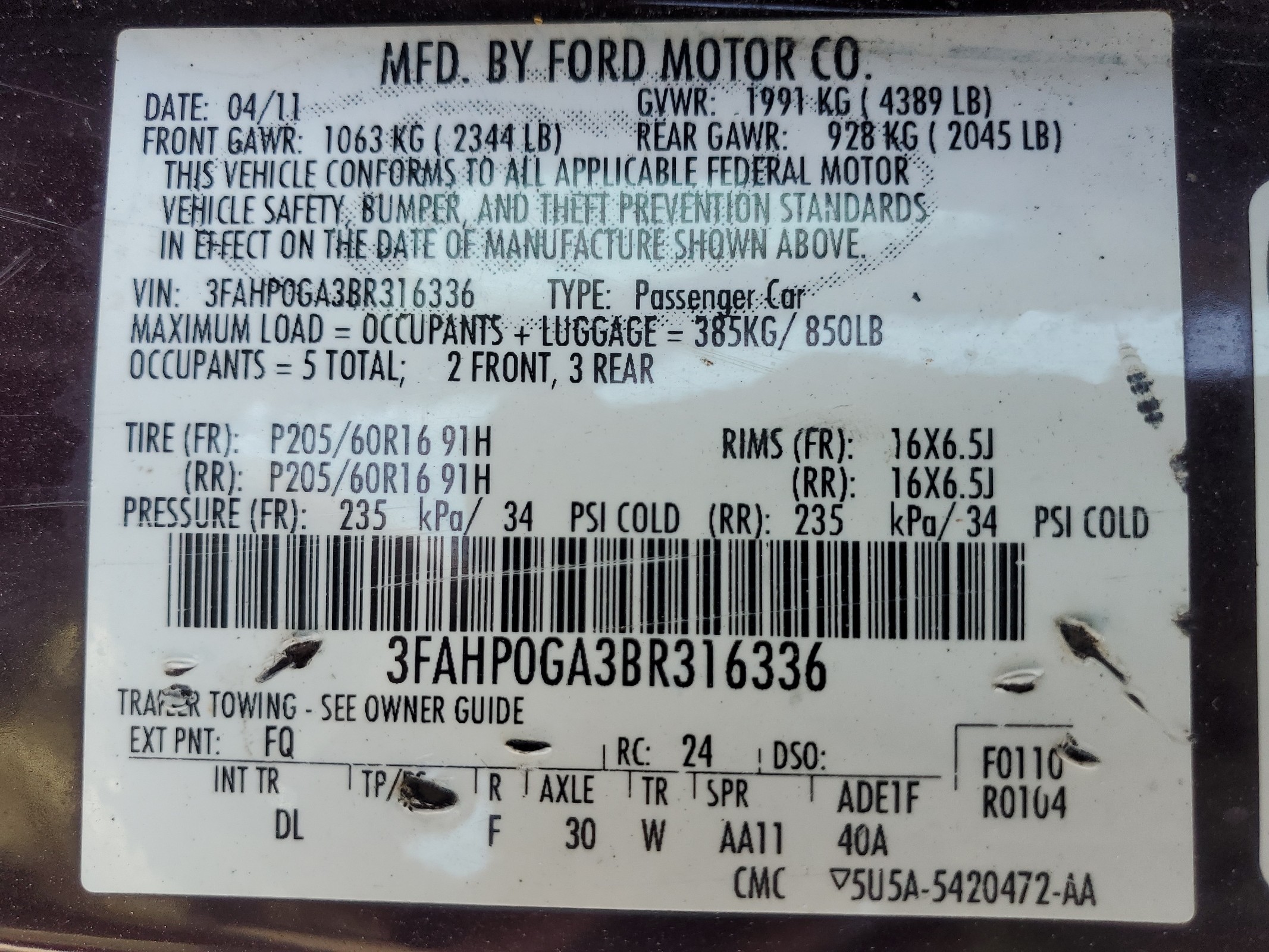 3FAHP0GA3BR316336 2011 Ford Fusion S