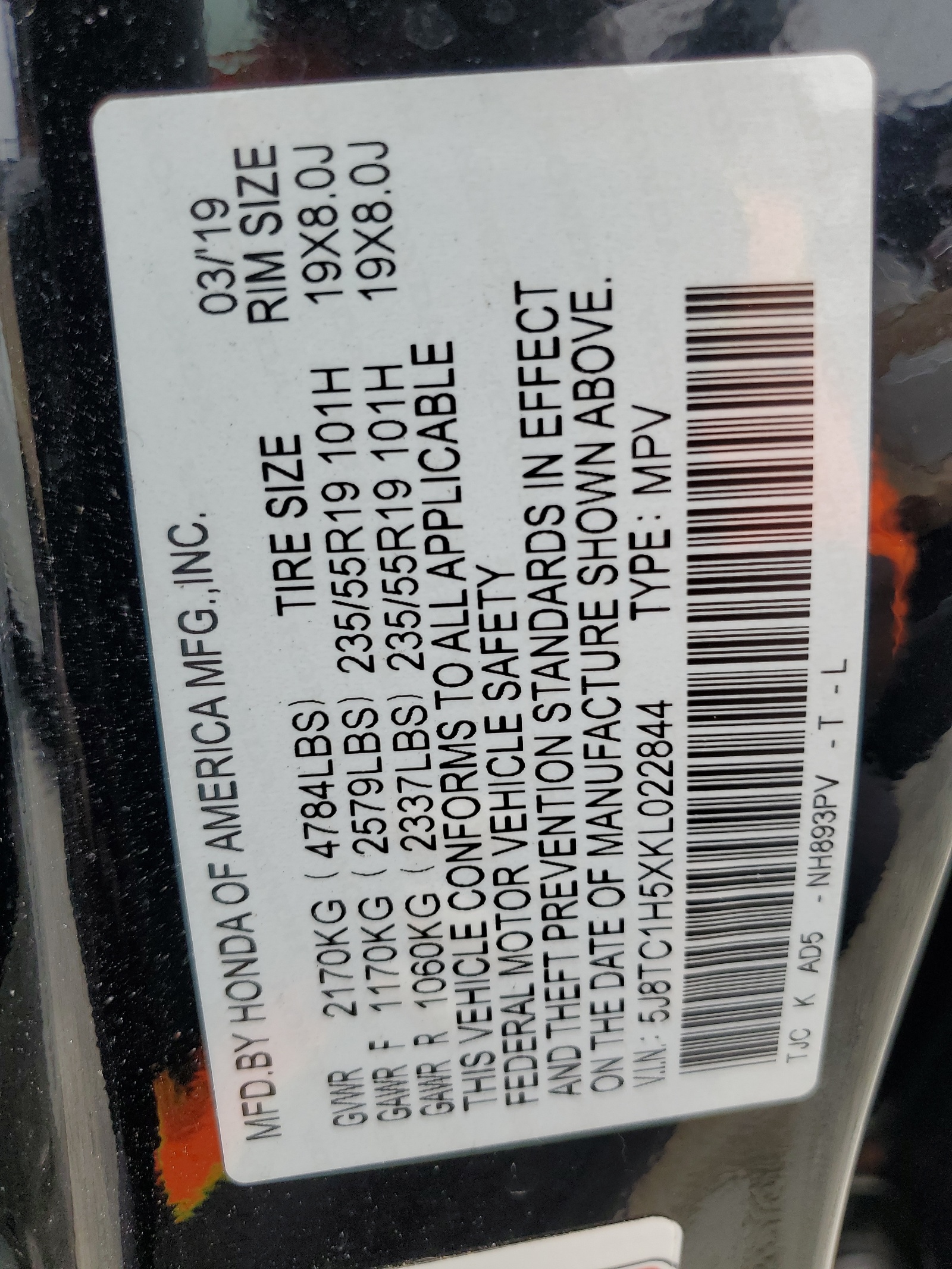 5J8TC1H5XKL022844 2019 Acura Rdx Technology