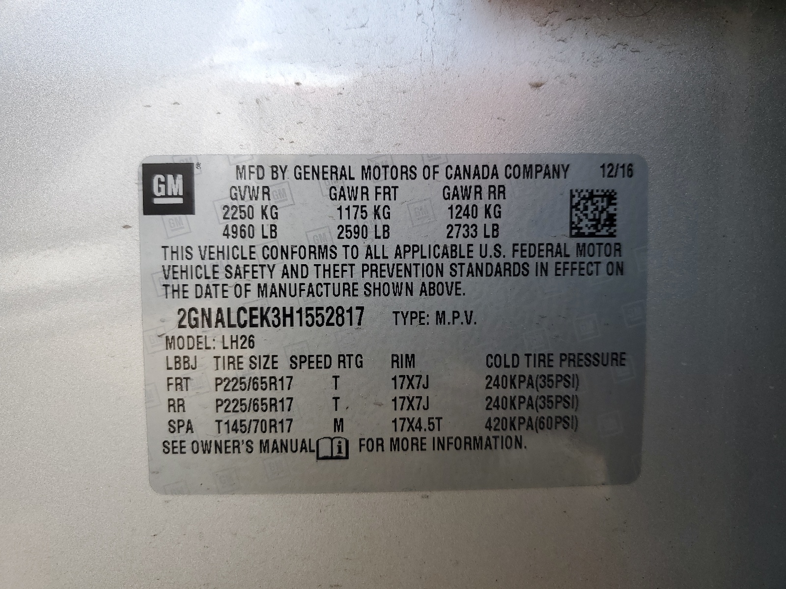 2GNALCEK3H1552817 2017 Chevrolet Equinox Lt