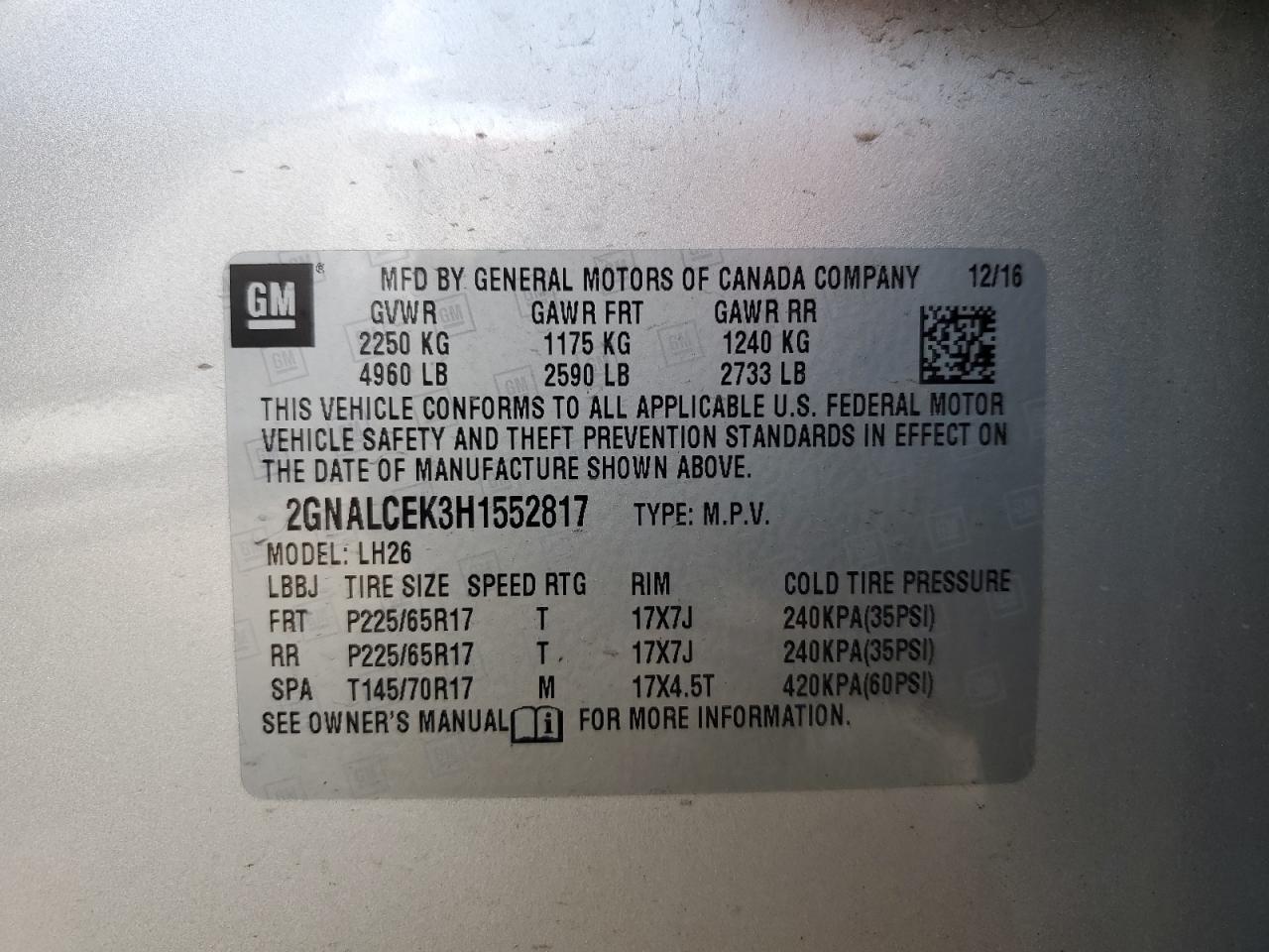 2017 Chevrolet Equinox Lt VIN: 2GNALCEK3H1552817 Lot: 64682764