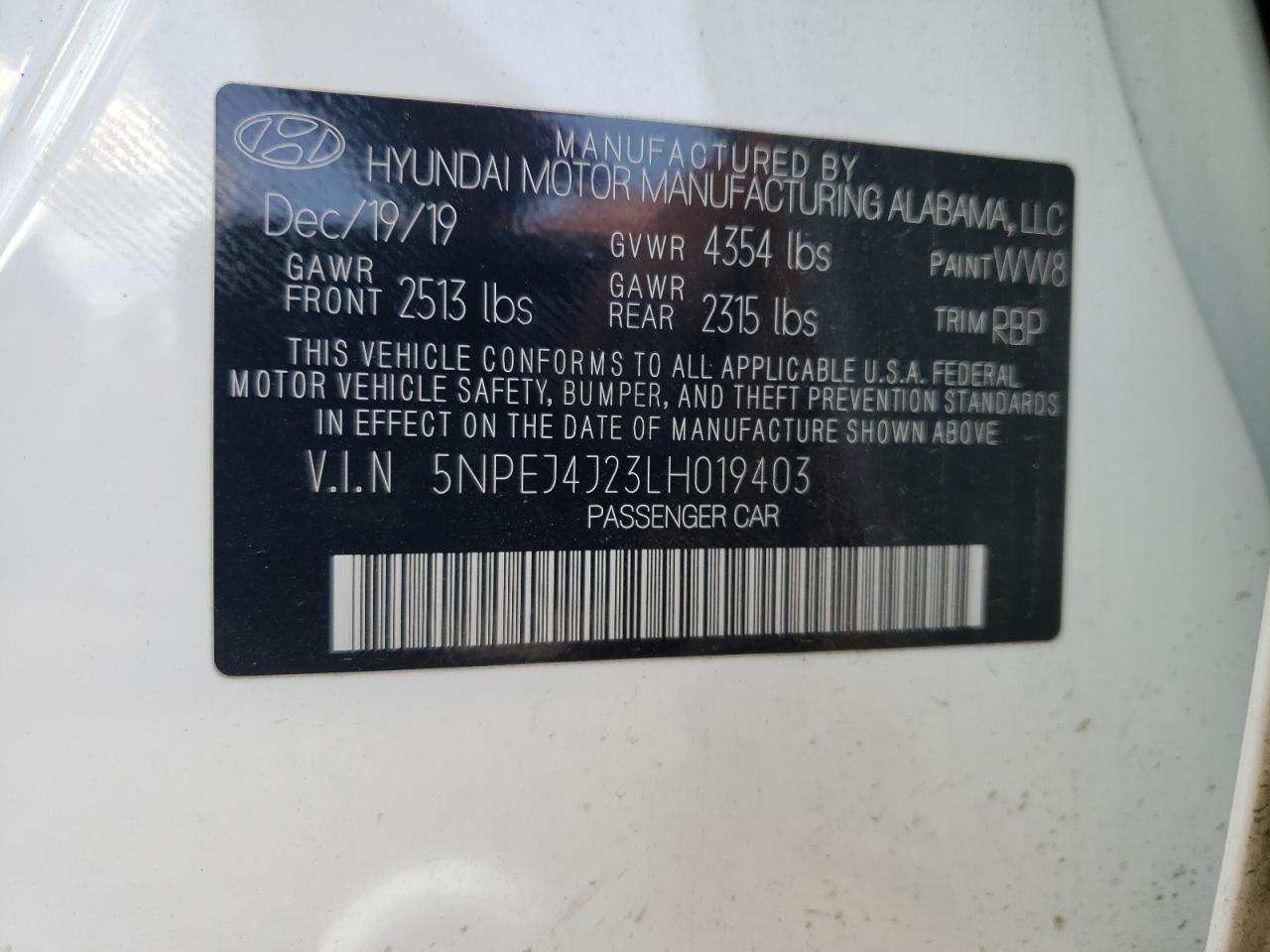 5NPEJ4J23LH019403 2020 Hyundai Sonata Sel Plus