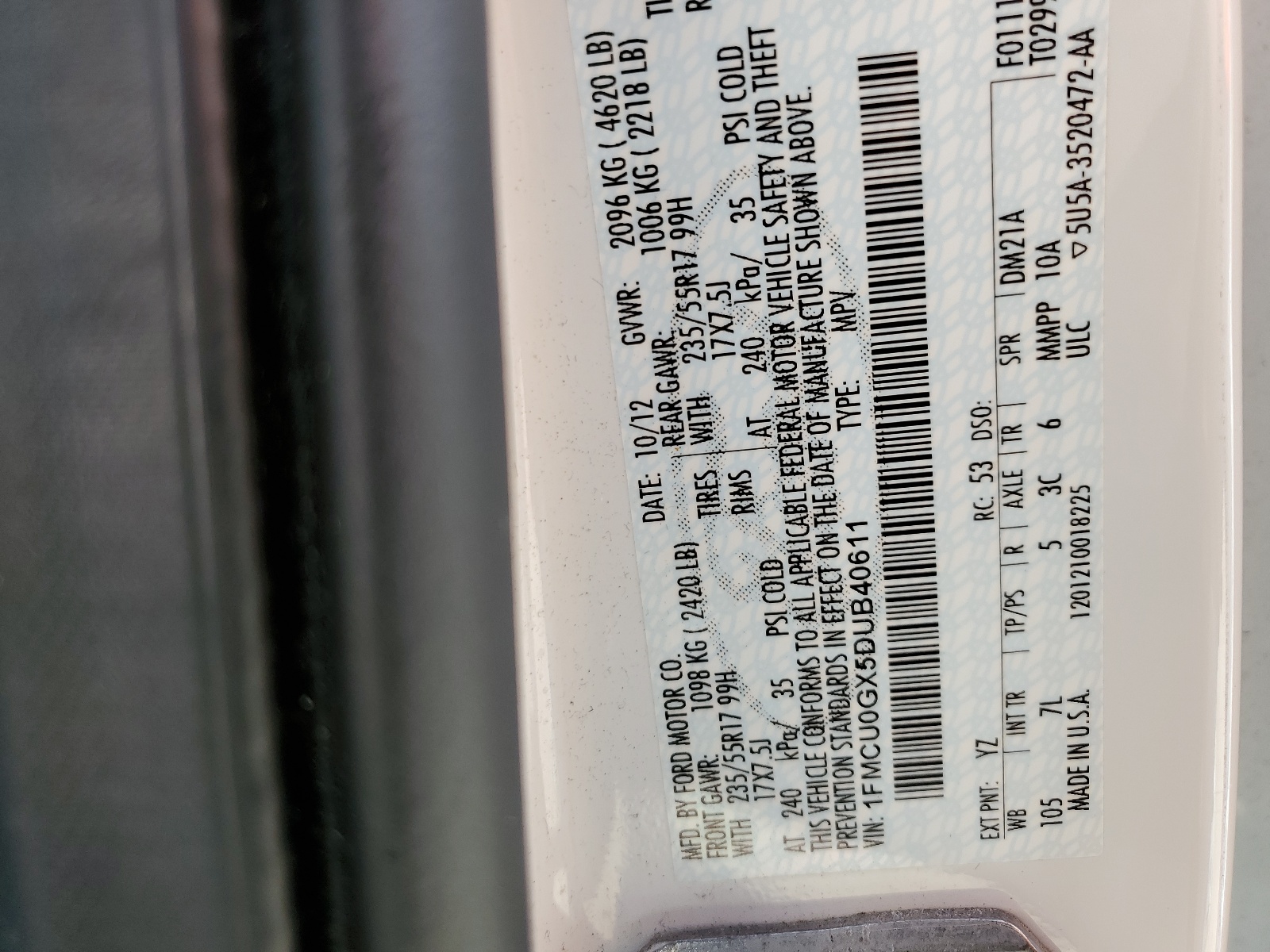 1FMCU0GX5DUB40611 2013 Ford Escape Se