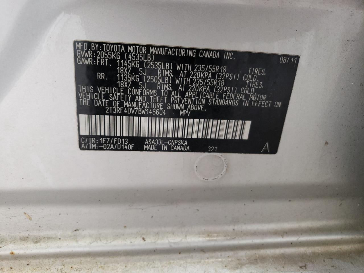 2011 Toyota Rav4 Sport VIN: 2T3RF4DV7BW145604 Lot: 65194254