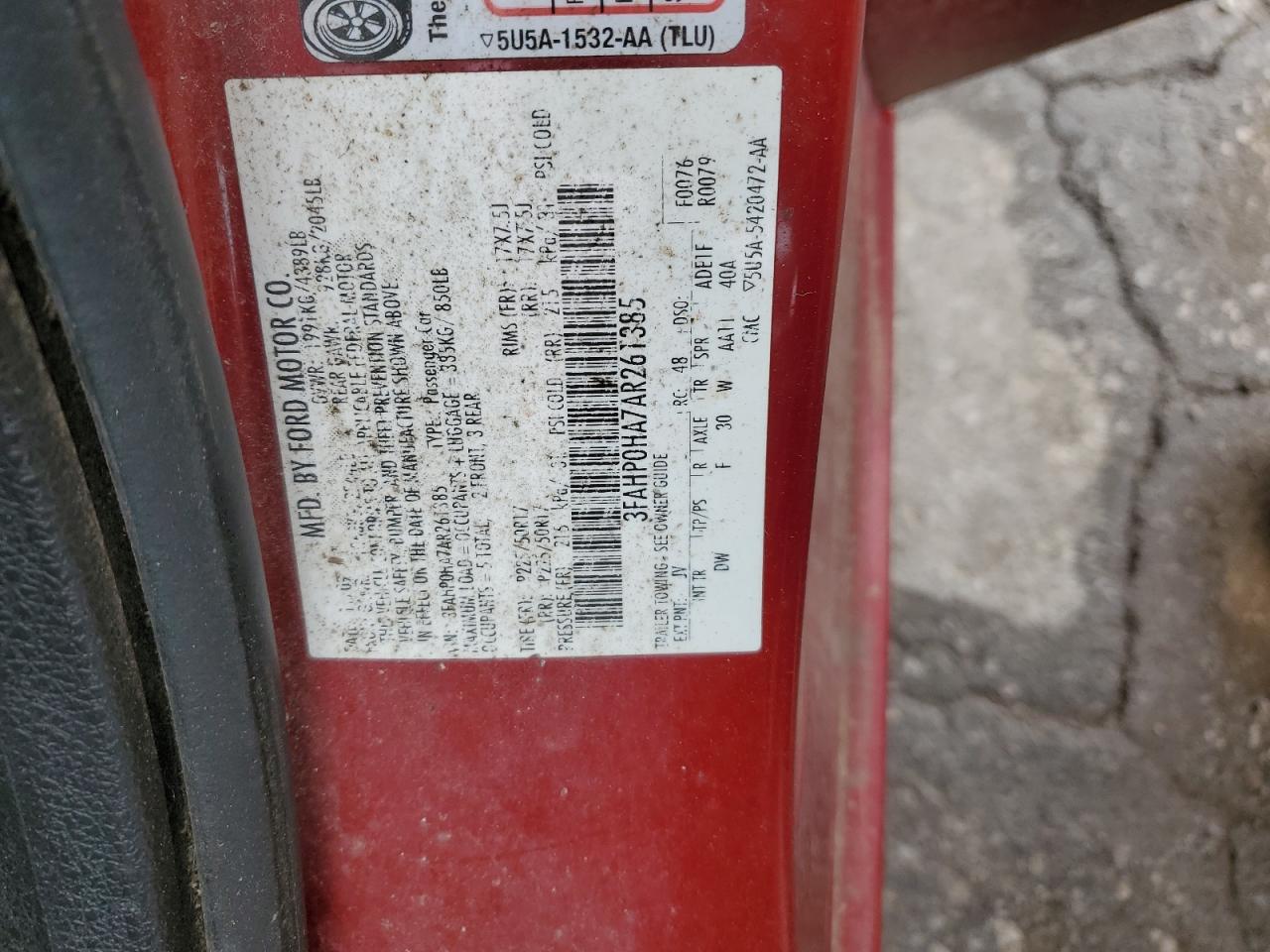 2010 Ford Fusion Se VIN: 3FAHP0HA7AR261385 Lot: 64016694