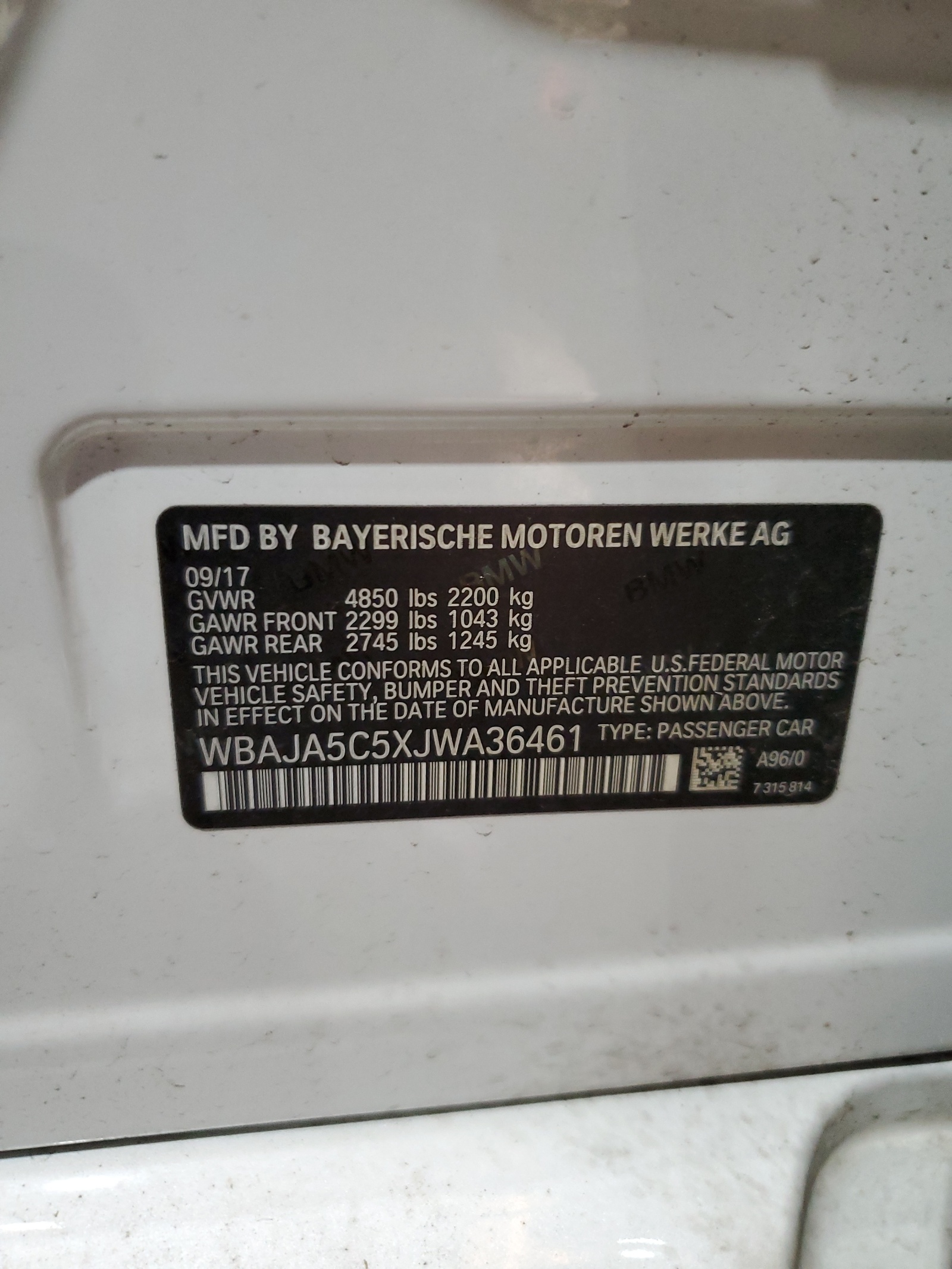 WBAJA5C5XJWA36461 2018 BMW 530 I