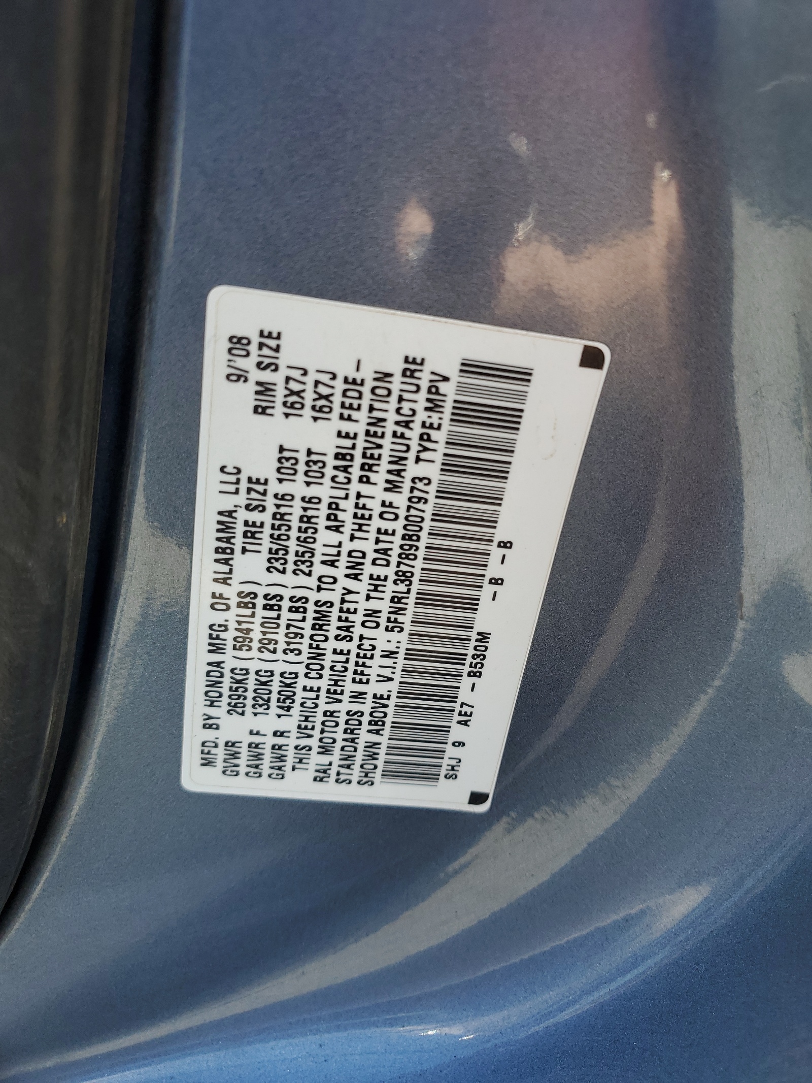 5FNRL38789B007973 2009 Honda Odyssey Exl