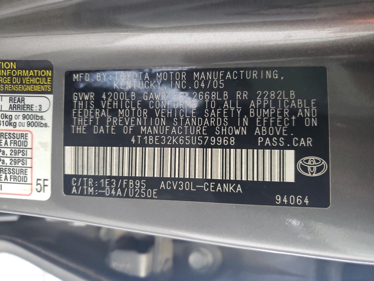 2005 Toyota Camry Le VIN: 4T1BE32K65U579968 Lot: 63912394