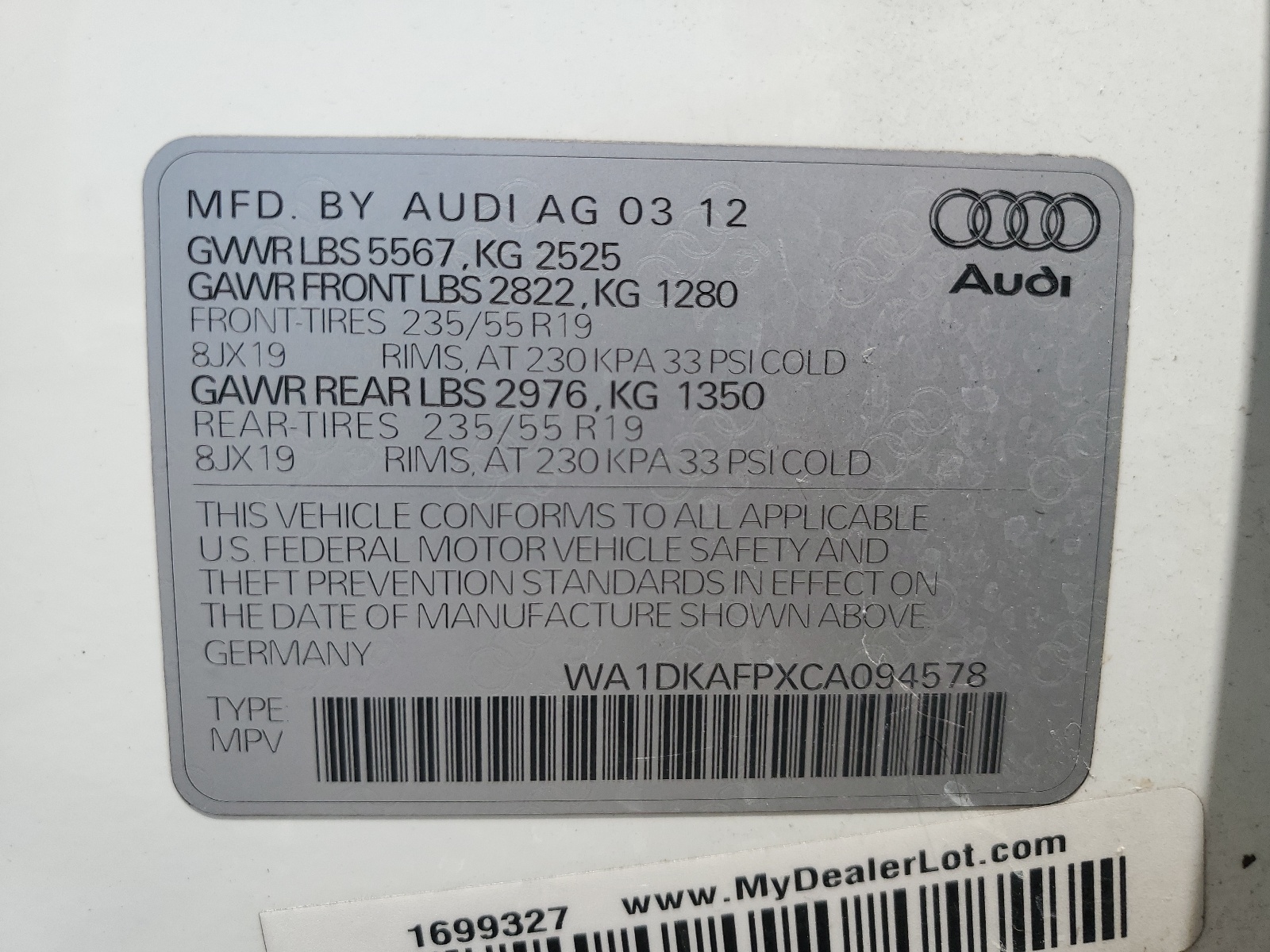 WA1DKAFPXCA094578 2012 Audi Q5 Premium Plus