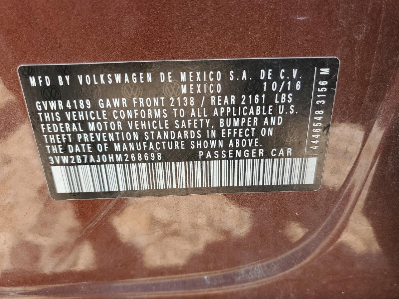 2017 Volkswagen Jetta S VIN: 3VW2B7AJ0HM268698 Lot: 62673604