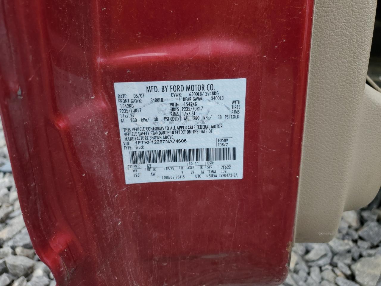 2007 Ford F150 VIN: 1FTRF12297NA74606 Lot: 64483204