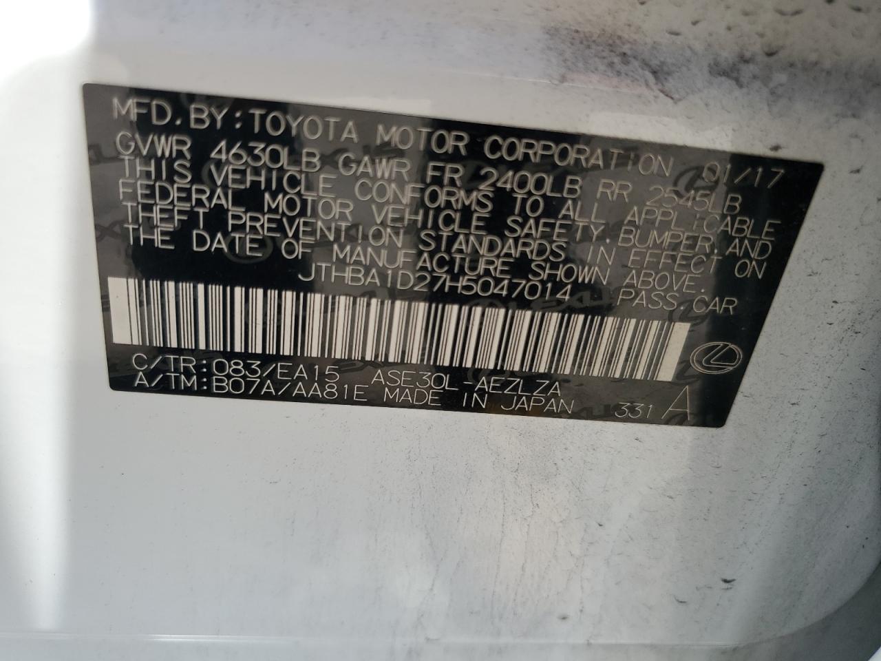 2017 Lexus Is 200T VIN: JTHBA1D27H5047014 Lot: 65218864