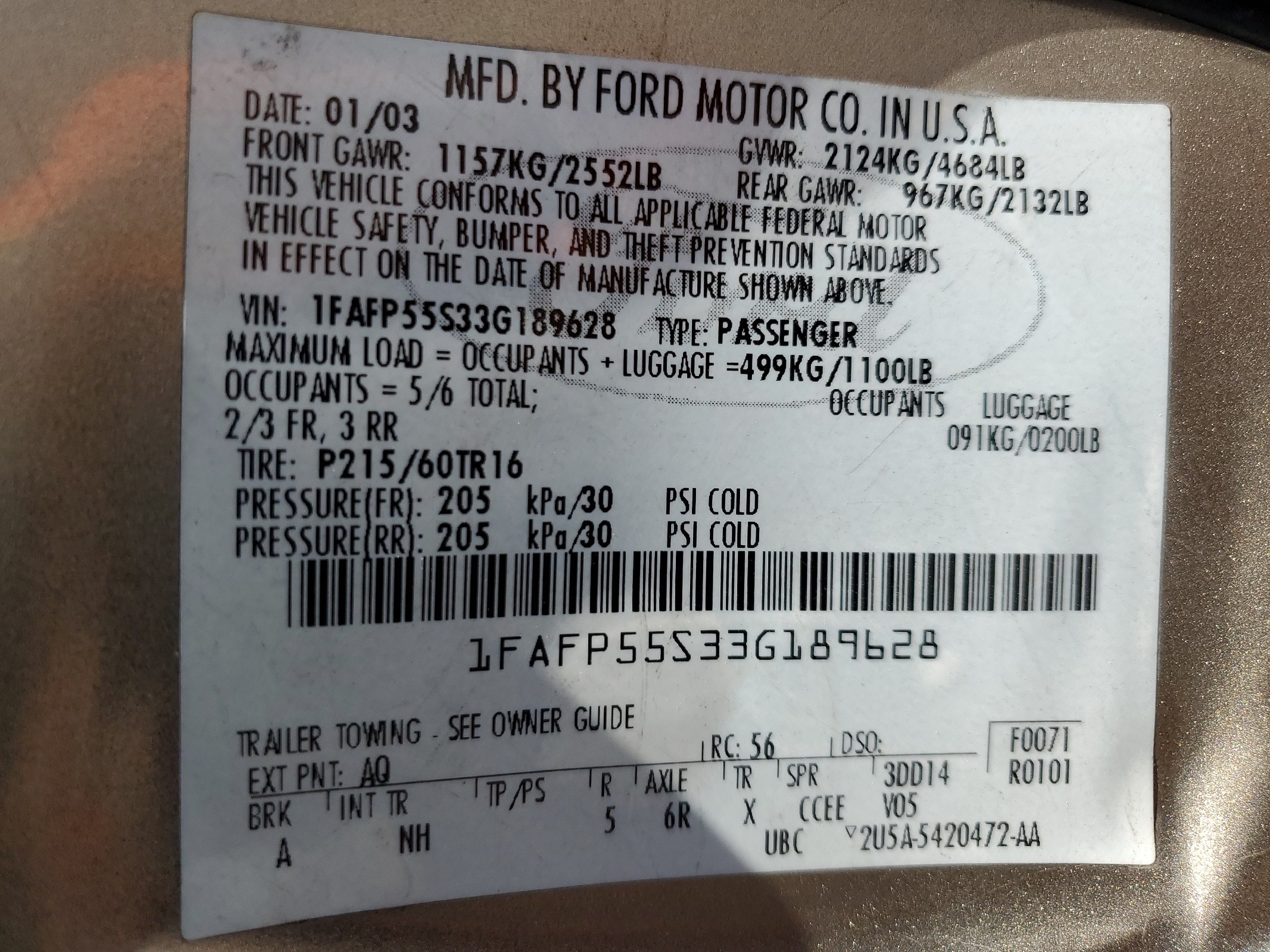 1FAFP55S33G189628 2003 Ford Taurus Ses