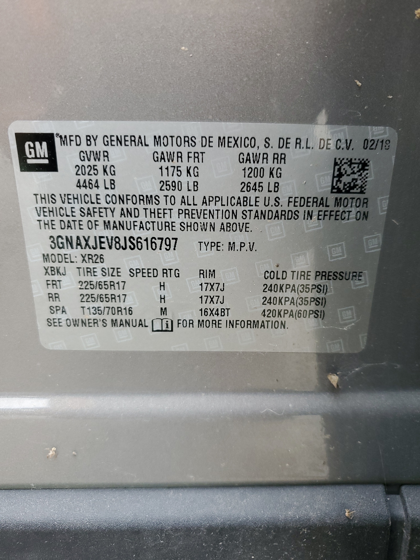 3GNAXJEV8JS616797 2018 Chevrolet Equinox Lt