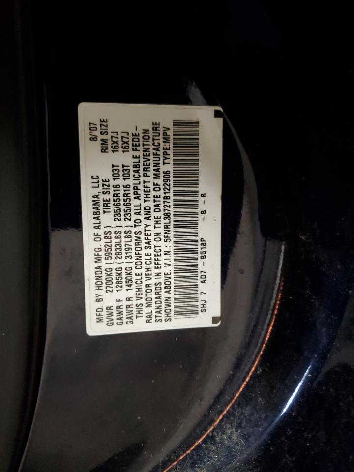 2007 Honda Odyssey Exl VIN: 5FNRL38727B122906 Lot: 61123904