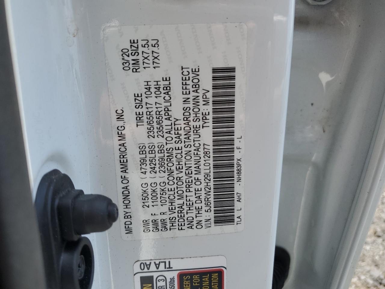 2020 Honda Cr-V Lx VIN: 5J6RW2H29LL012877 Lot: 61678784