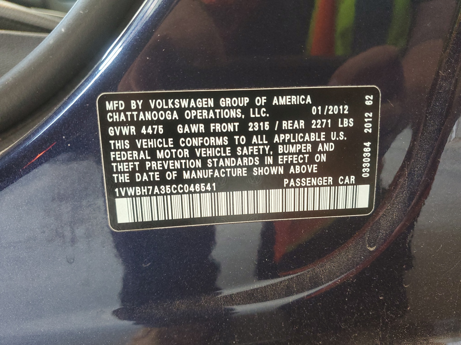 1VWBH7A35CC046541 2012 Volkswagen Passat Se
