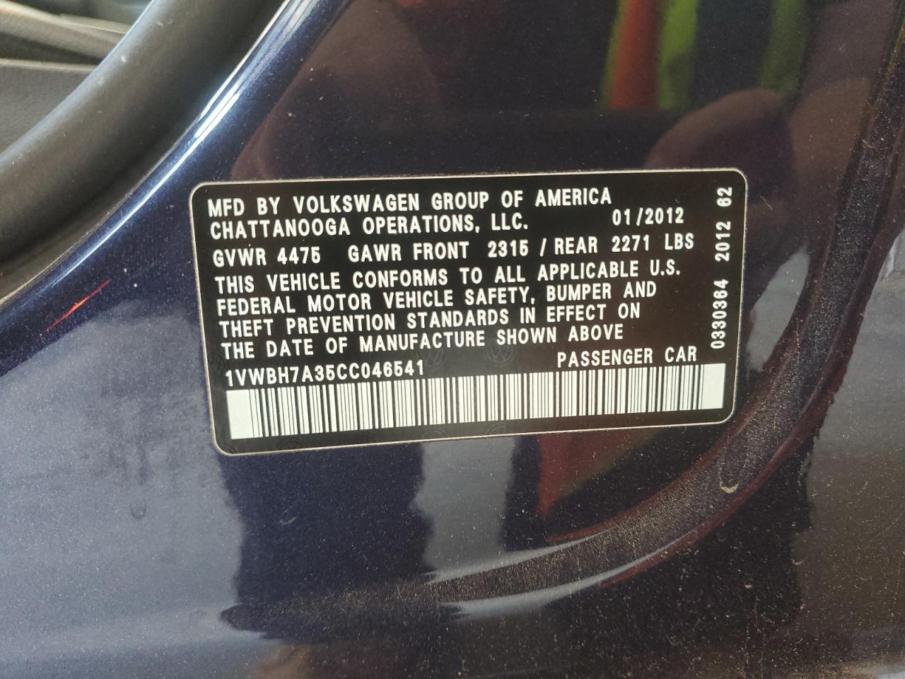 2012 Volkswagen Passat Se VIN: 1VWBH7A35CC046541 Lot: 64877994