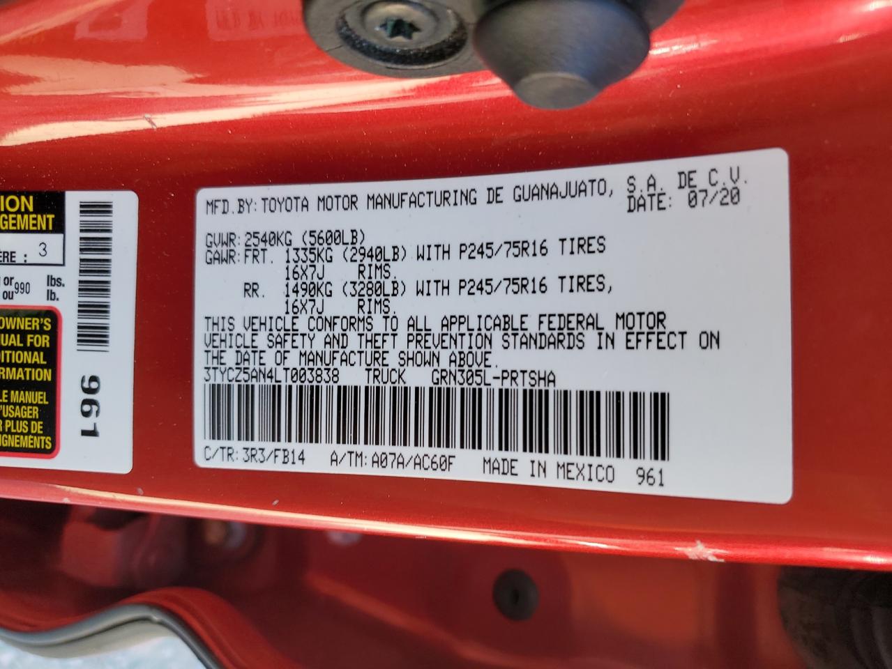2020 Toyota Tacoma Double Cab VIN: 3TYCZ5AN4LT003838 Lot: 64661554