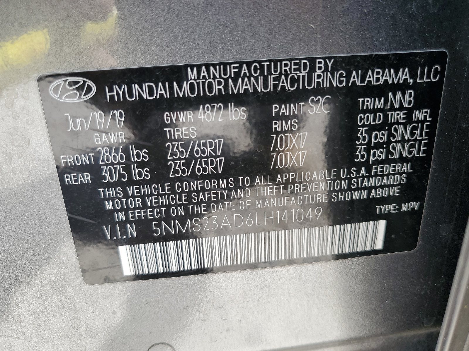 5NMS23AD6LH141049 2020 Hyundai Santa Fe Se