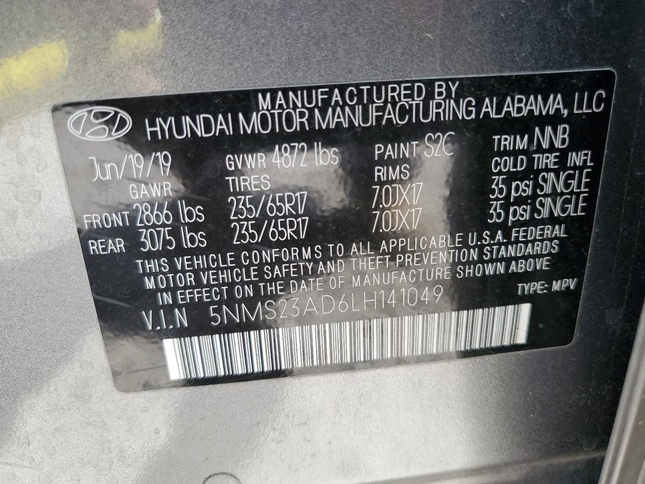 2020 Hyundai Santa Fe Se VIN: 5NMS23AD6LH141049 Lot: 63754554