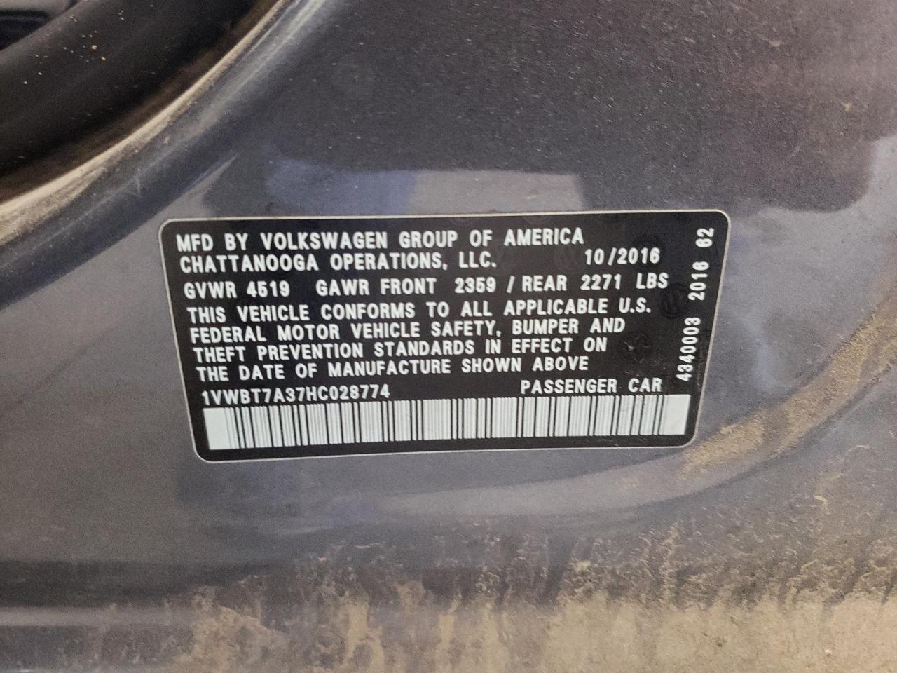 2017 Volkswagen Passat Se VIN: 1VWBT7A37HC028774 Lot: 63282684