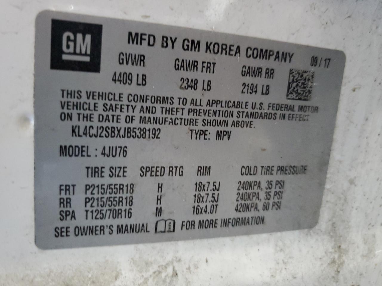 2018 Buick Encore Sport Touring VIN: KL4CJ2SBXJB538192 Lot: 59848594