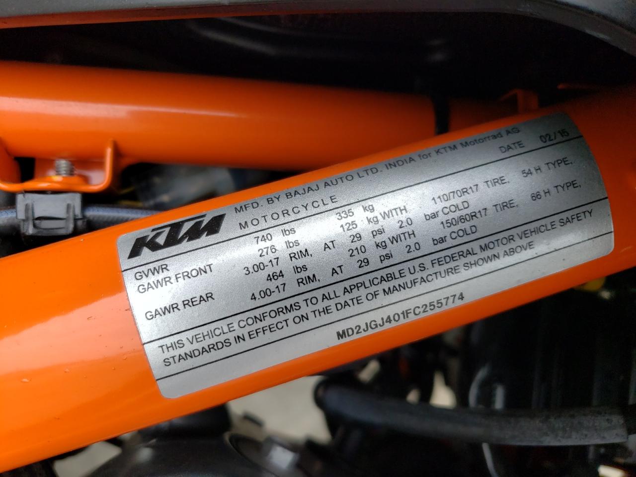 2015 Ktm Rc 390 VIN: MD2JGJ401FC255774 Lot: 64036024