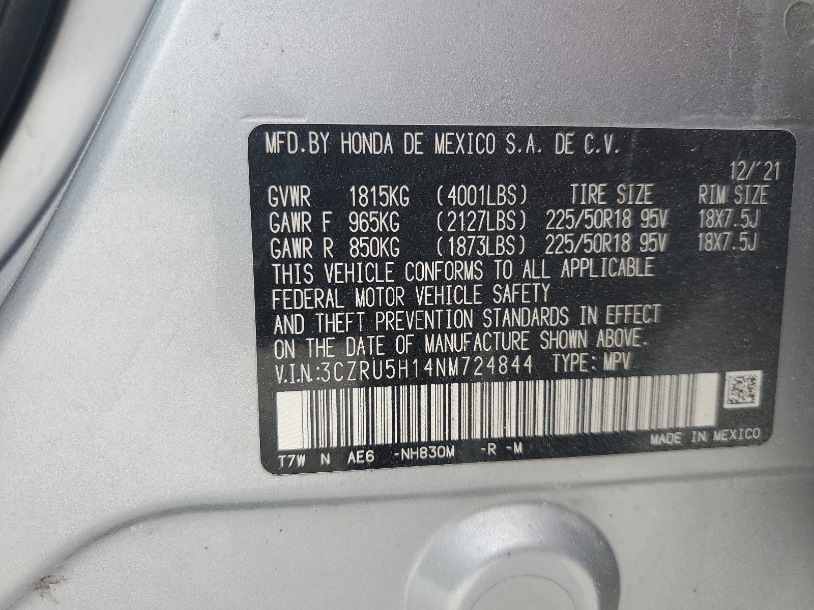 3CZRU5H14NM724844 2022 Honda Hr-V Sport