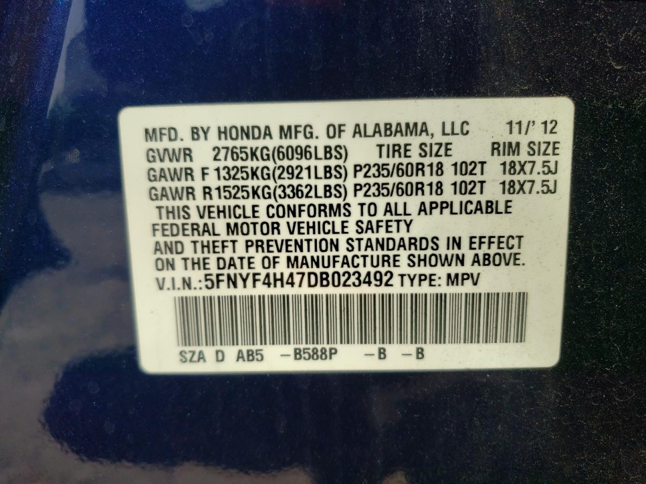 2013 Honda Pilot Ex VIN: 5FNYF4H47DB023492 Lot: 64157304