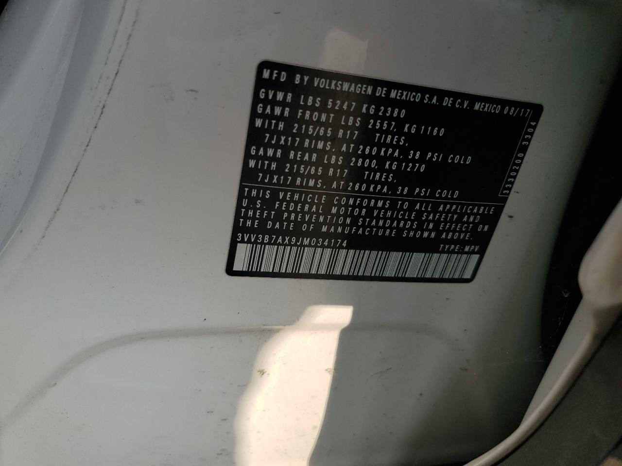 2018 Volkswagen Tiguan Se VIN: 3VV3B7AX9JM034174 Lot: 63903774