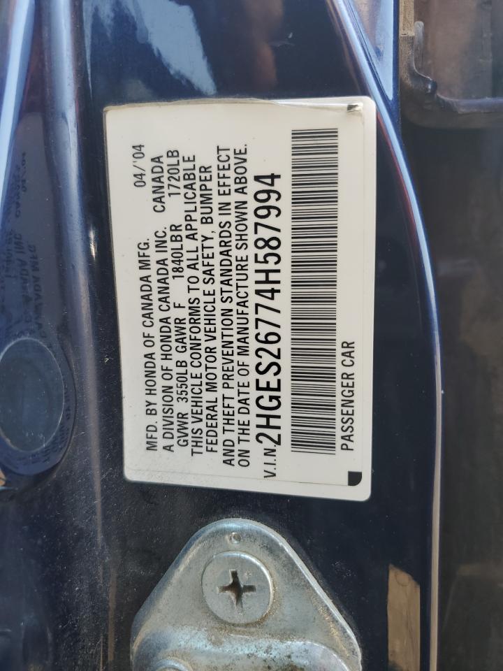 2004 Honda Civic Ex VIN: 2HGES26774H587994 Lot: 62958774