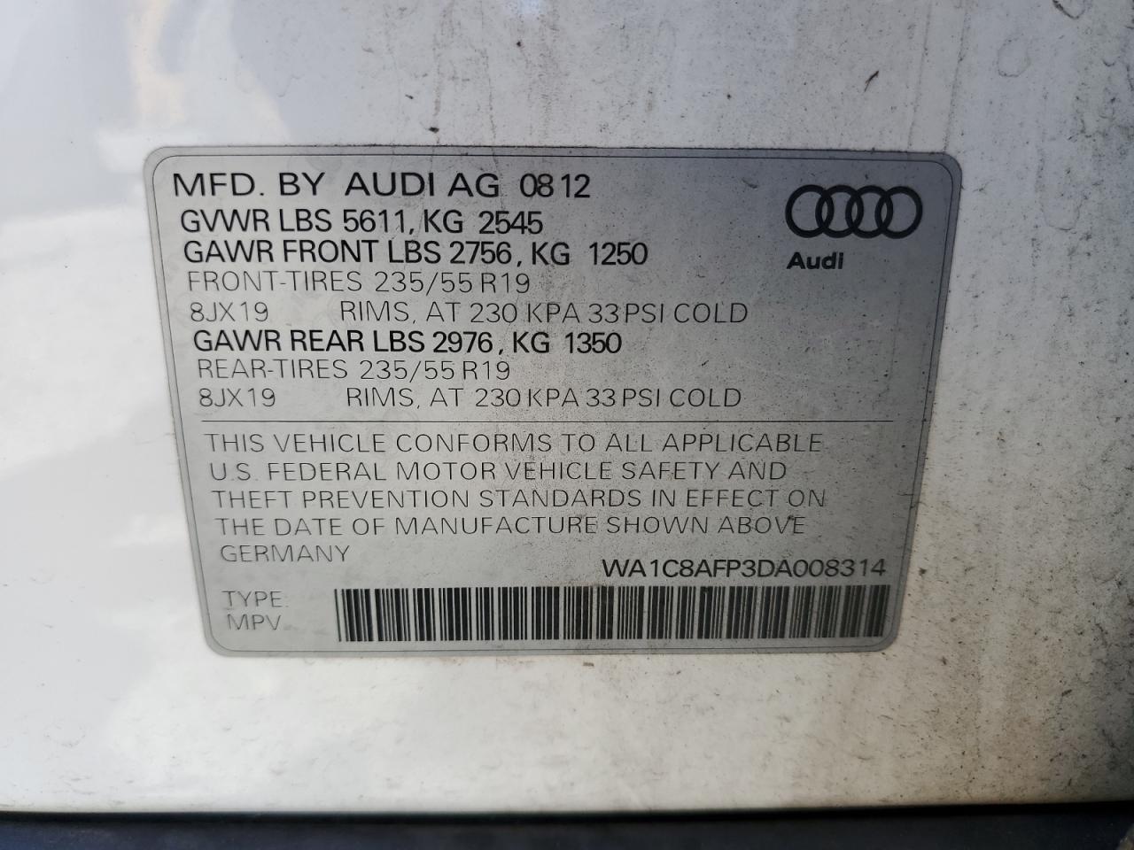 2013 Audi Q5 Premium Hybrid VIN: WA1C8AFP3DA008314 Lot: 61572524