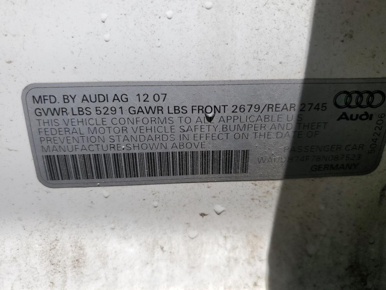 2008 Audi A6 3.2 Quattro VIN: WAUDH74F78N087523 Lot: 61954814