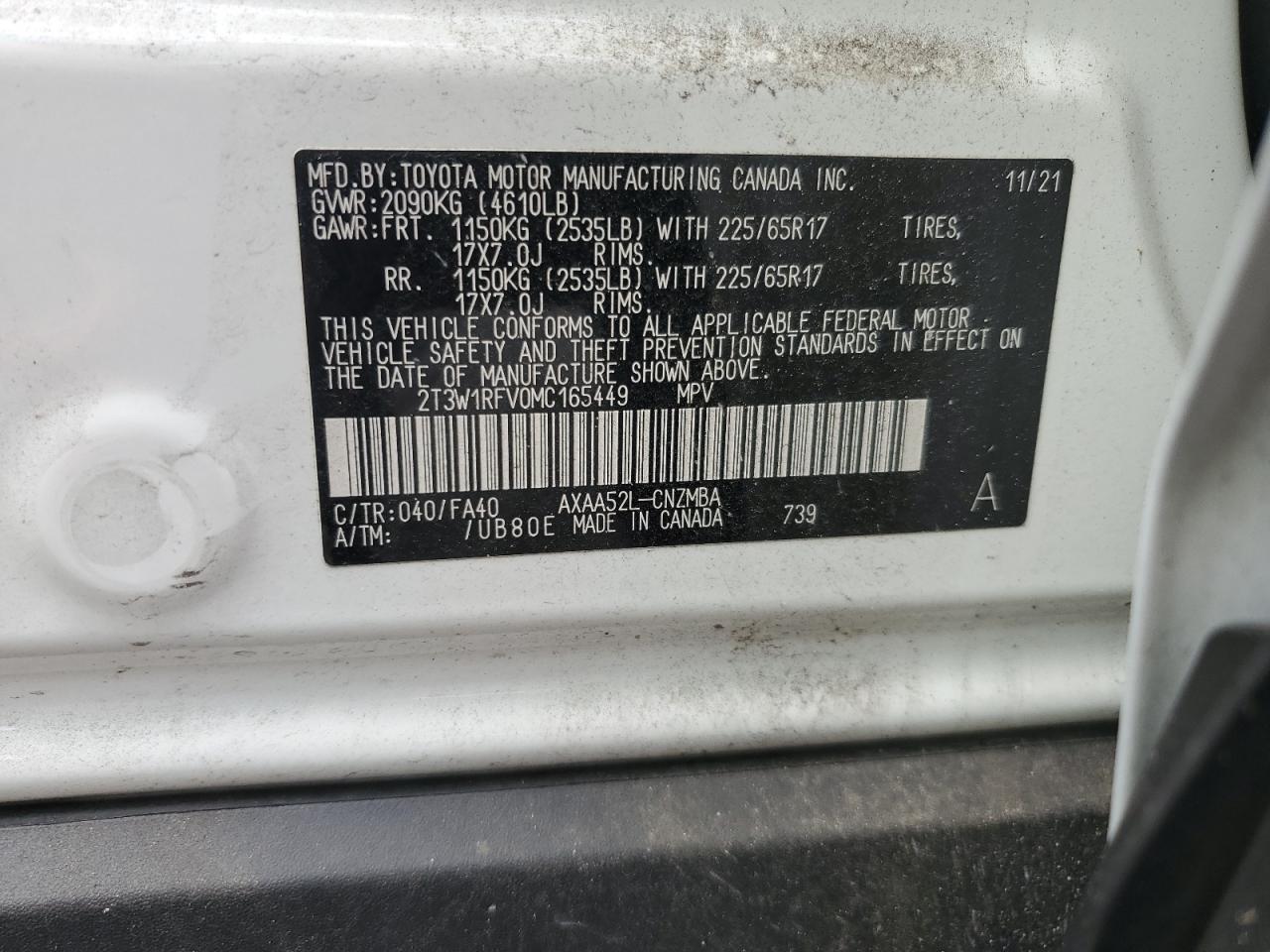 2021 Toyota Rav4 Xle VIN: 2T3W1RFV0MC165449 Lot: 62489824