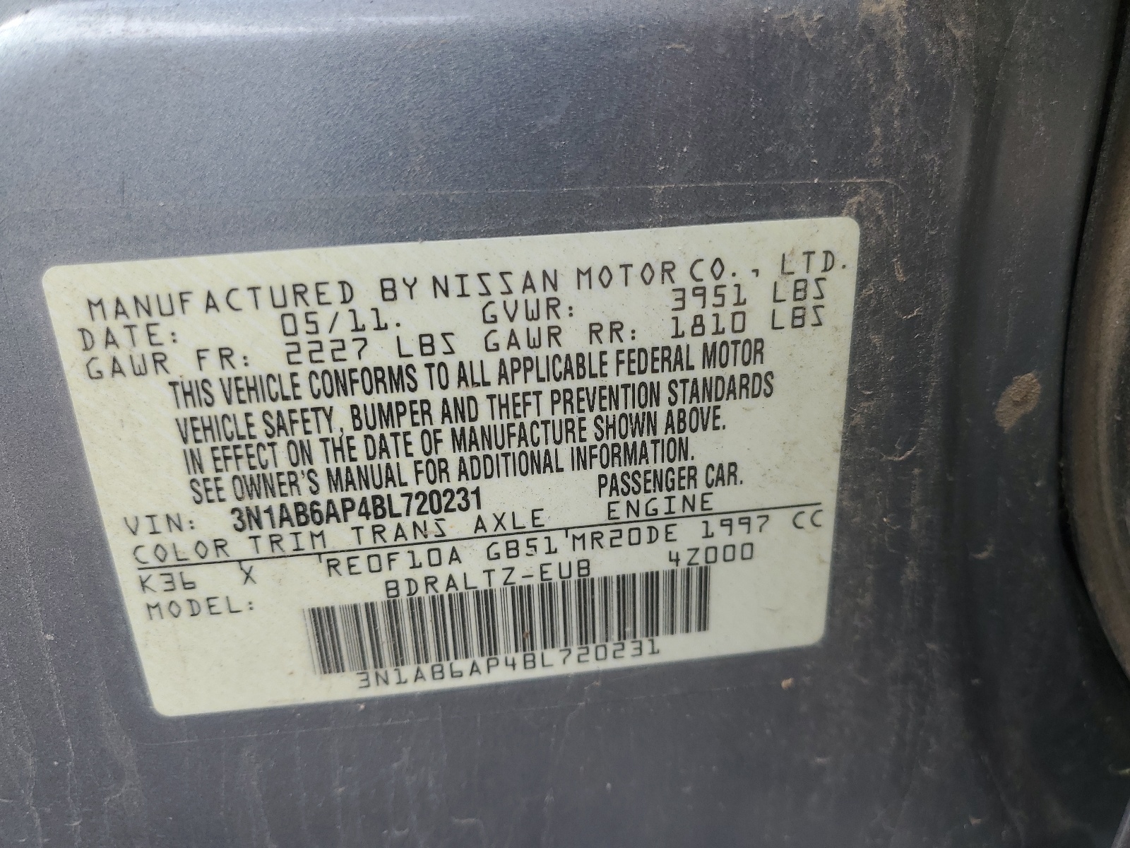 3N1AB6AP4BL720231 2011 Nissan Sentra 2.0