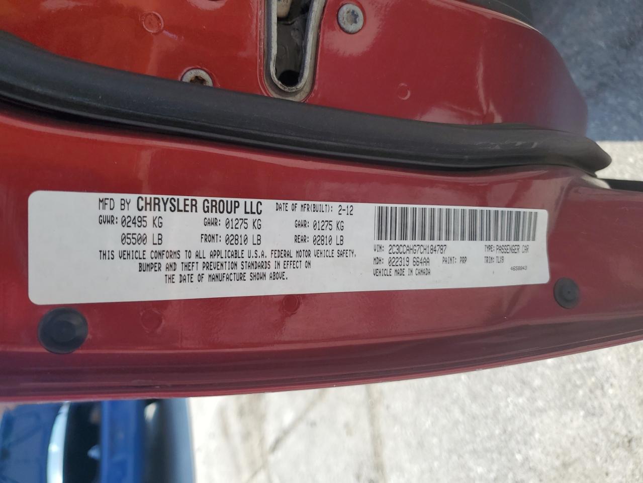 2012 Chrysler 300 Limited VIN: 2C3CCAHG7CH184787 Lot: 63383634