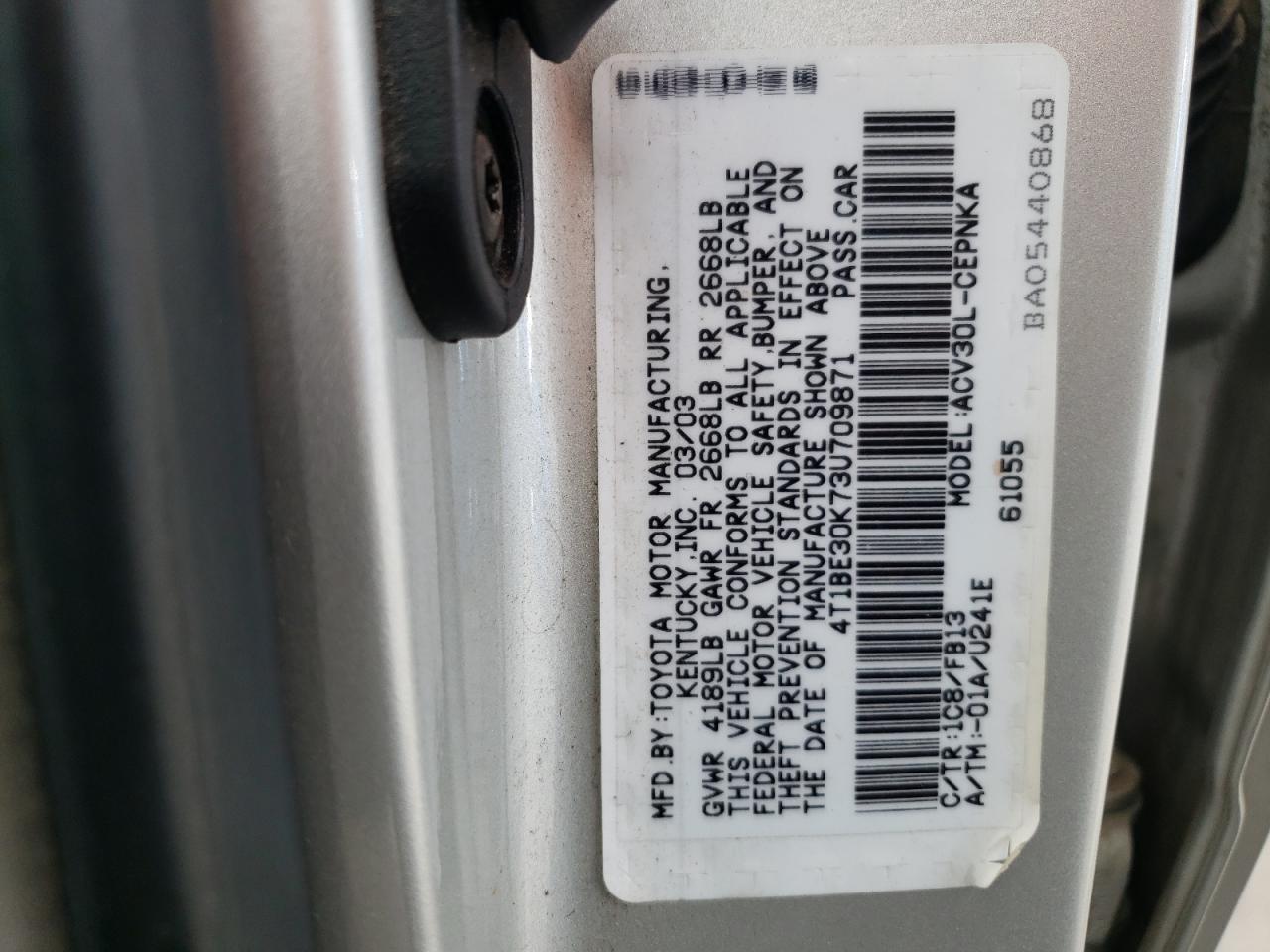 2003 Toyota Camry Le VIN: 4T1BE30K73U709871 Lot: 51306125