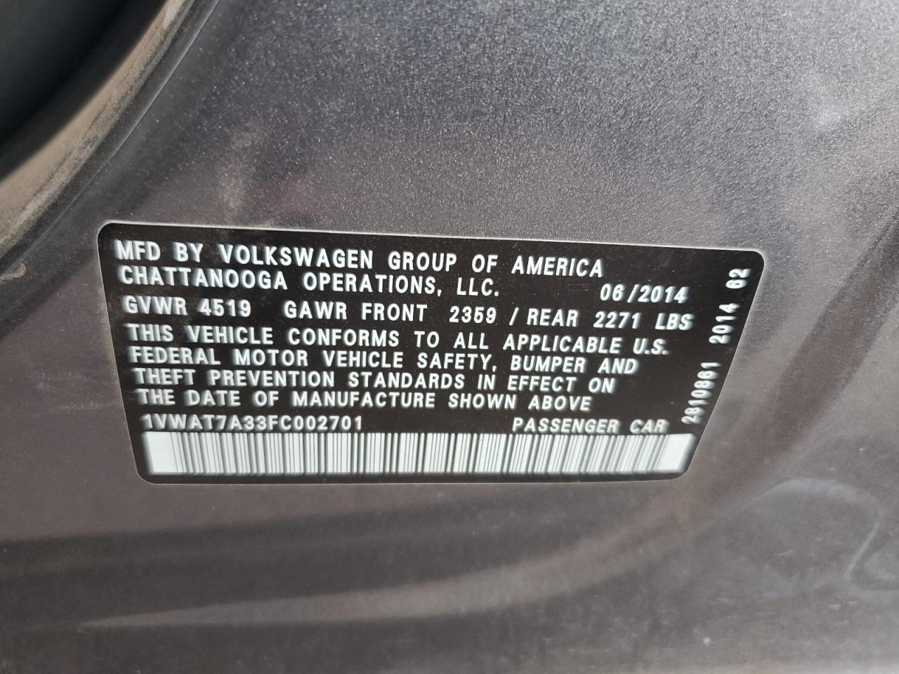 2015 Volkswagen Passat S VIN: 1VWAT7A33FC002701 Lot: 65538384