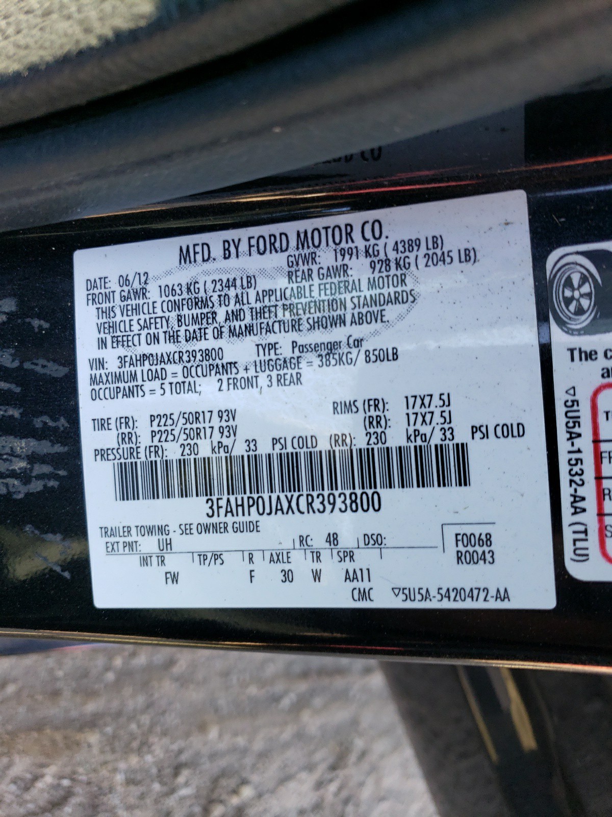 3FAHP0JAXCR393800 2012 Ford Fusion Sel