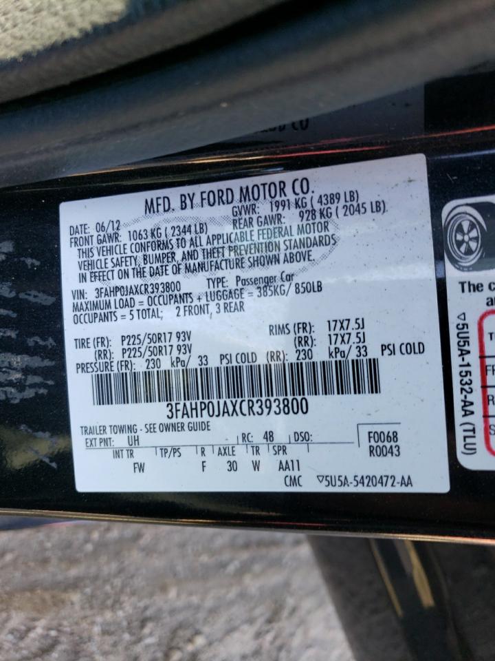 2012 Ford Fusion Sel VIN: 3FAHP0JAXCR393800 Lot: 62912614