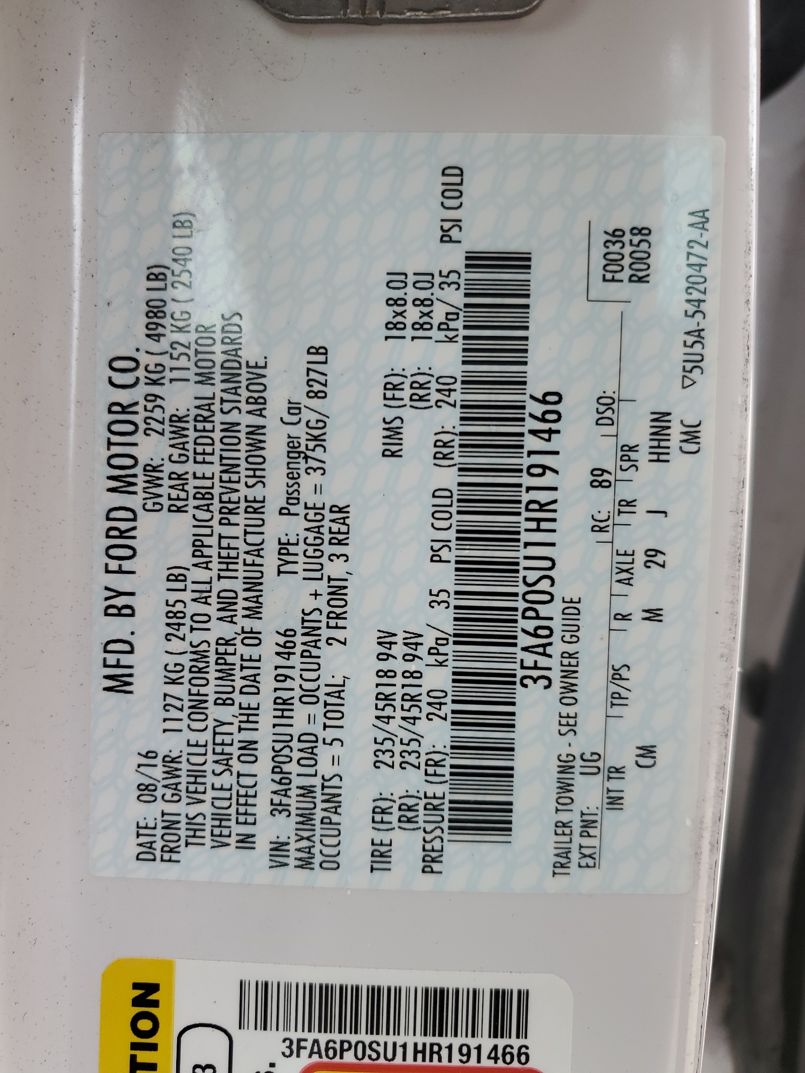 3FA6P0SU1HR191466 2017 Ford Fusion Titanium Phev