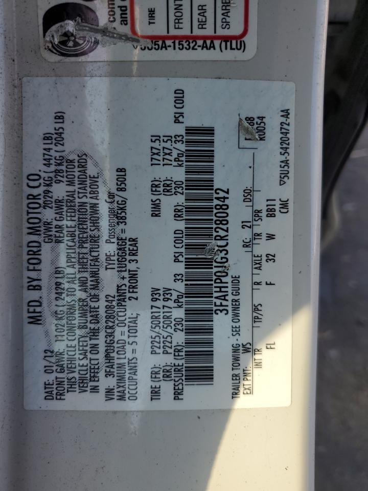 2012 Ford Fusion Sel VIN: 3FAHP0JG3CR280842 Lot: 63254624