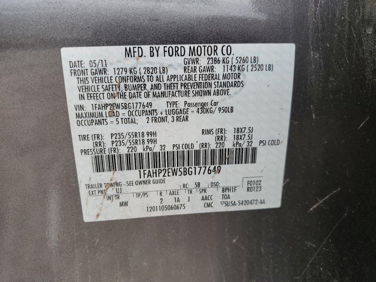 2011 Ford Taurus Sel VIN: 1FAHP2EW5BG177649 Lot: 64165484
