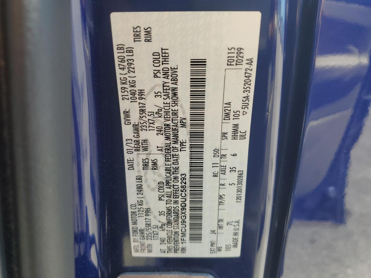 2013 Ford Escape Se VIN: 1FMCU9GX9DUC58293 Lot: 60631234