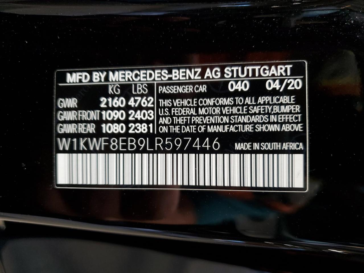 2020 Mercedes-Benz C 300 4Matic VIN: W1KWF8EB9LR597446 Lot: 61408084