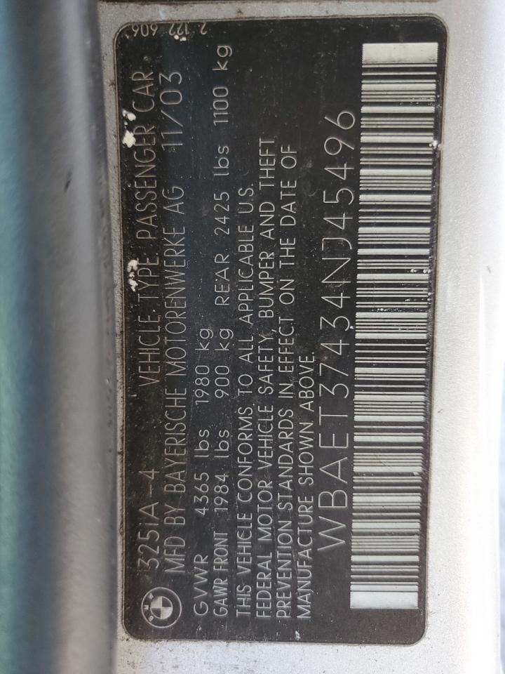 2004 BMW 325 I VIN: WBAET37434NJ45496 Lot: 64392994