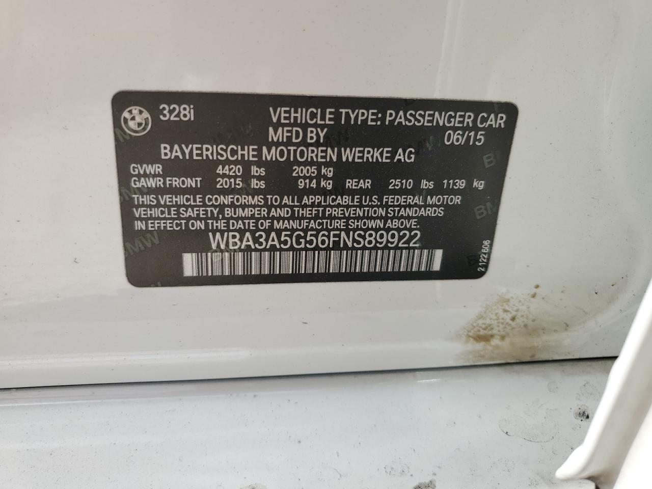 2015 BMW 328 I VIN: WBA3A5G56FNS89922 Lot: 62446474
