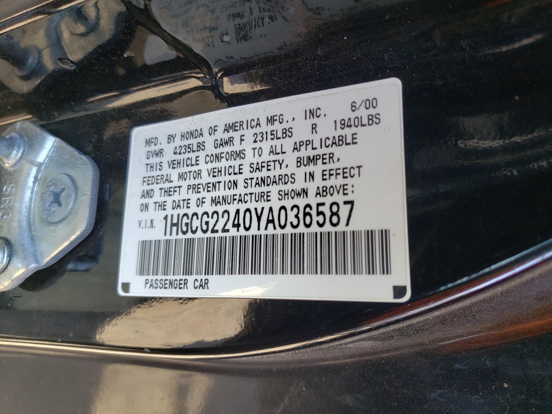 1HGCG2240YA036587 2000 Honda Accord Lx